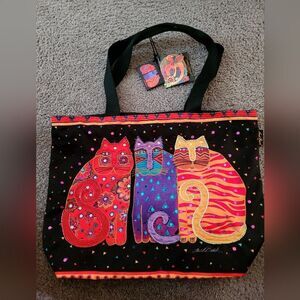 Laurel Burch Colorful Feline Cat Sequined Vintage Tote Bag